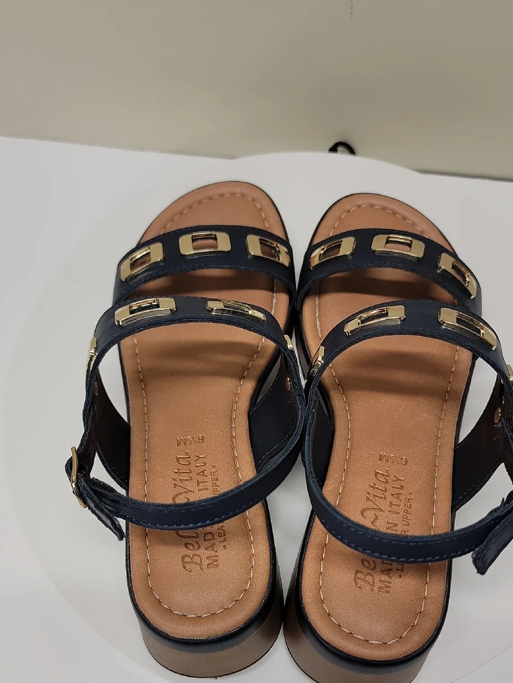 BELLA VITA -NEW IN BOX- WEDGE SANDALS NAVY BLUE 6.5 ITALIAN LEATHER